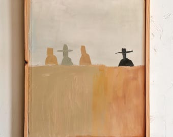 May include: Abstract painting in a wooden frame. The artwork depicts four figures wearing hats, rendered in muted tones of beige, grey, and black. The background features a gradient of light beige to orange hues, creating a minimalist landscape.