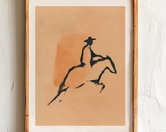 May include: A framed art print featuring a minimalist illustration of a rider on a horse. The artwork is rendered in black ink on a peach-colored background, with a rectangular orange shape behind the rider.