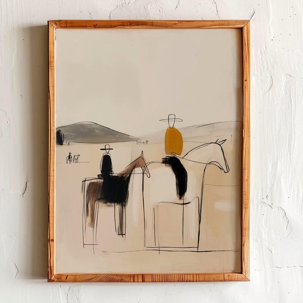Cowboys on Horseback Wall Art – Minimalist Western Desert Print – Neutral Rustic Cowboy Decor Gift
