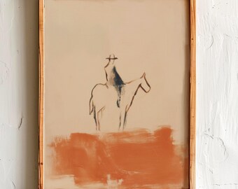 Cowboy on Horse Print: Minimalist Western Art, Rustic Beige (Digital Download)