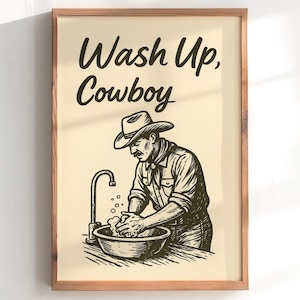 Funny Cowboy Bathroom Print: Vintage Western Art (Digital Download, 24x36in JPG