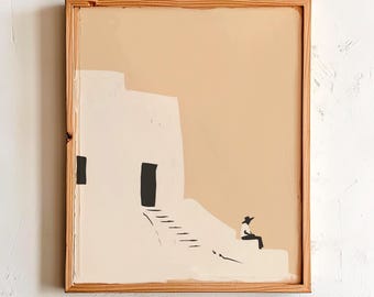 May include: Framed art print with a minimalist illustration of a building and a person. The artwork uses neutral tones, with a beige background and a light-coloured building. The frame is made of natural wood.