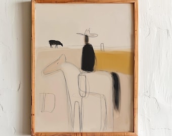 Cowboy Horse Ranch Wall Art – Minimalist Western Desert Print – Neutral Rustic Decor Gift
