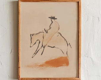 Cowboy Riding Horse Wall Art – Minimalist Western Print – Neutral Rustic Decor Gift