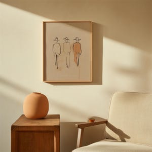 Puede incluir: Una obra de arte enmarcada con un boceto minimalista de tres figuras con sombreros. La obra est&aacute; en un marco de madera clara, colgada en una pared beige. Un jarr&oacute;n de color terracota se encuentra sobre una mesa auxiliar de madera.