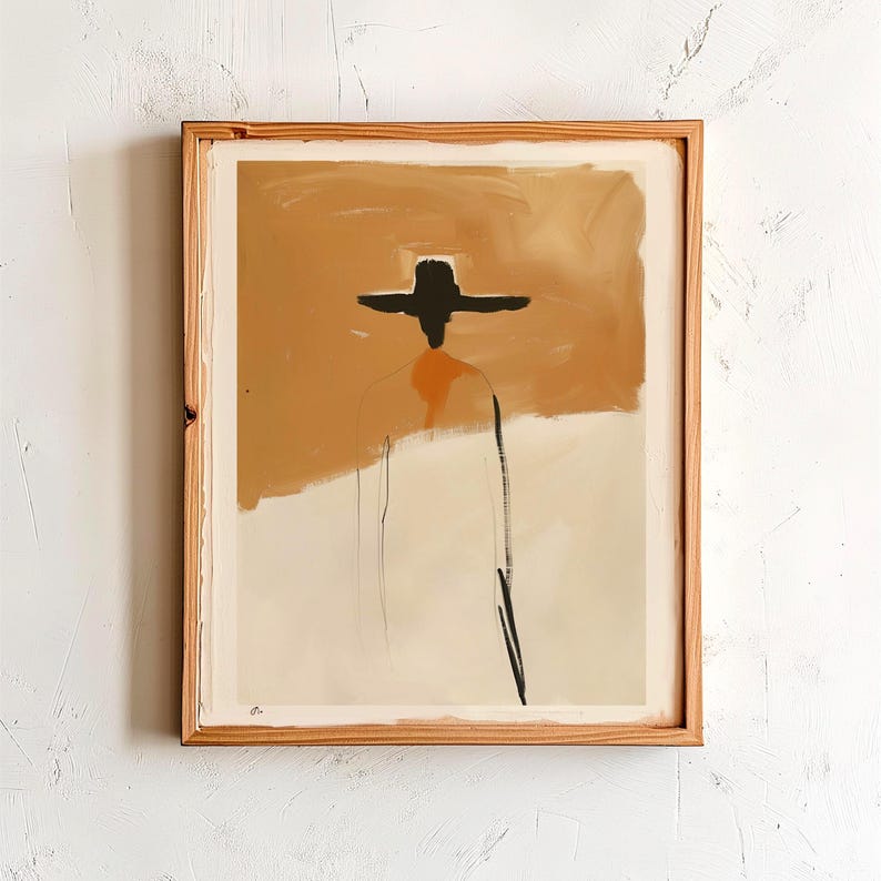 K&ouml;nnte beinhalten: Abstrakter Kunstdruck in einem Holzrahmen. Das Kunstwerk zeigt eine Figur mit schwarzem Hut und einem beige-wei&szlig;en Hintergrund. Die Figur ist mit einfachen schwarzen Linien und orangefarbenen Akzenten dargestellt.