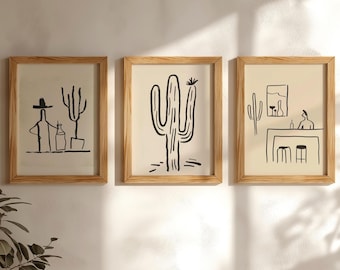 Western Line Art-printset: cowboy, cactus, woestijndecor (digitale download)