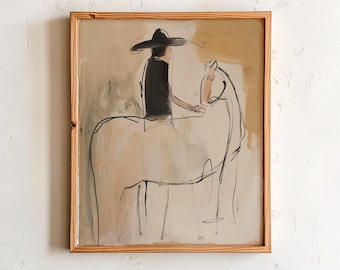 Stampa artistica minimalista con cavallo da cowboy: decorazione western astratta (download digitale)