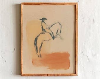 Lámina minimalista de arte vaquero: Jinete de caballo del oeste en terracota (Descarga digital)