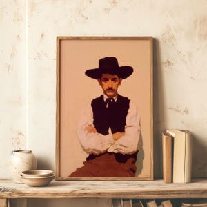 Stampa di un ritratto di cowboy western - Illustrazione vintage da parete, uomo rustico con cappello, decorazione sud-occidentale per la parete della galleria