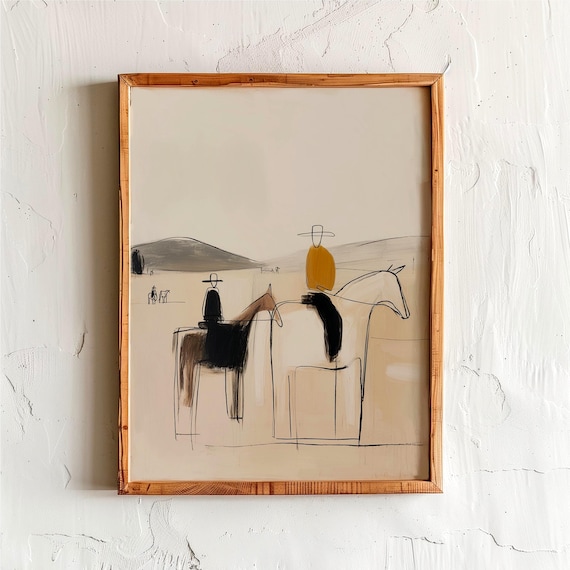 Cowboys on Horseback Wall Art – Minimalist Western Desert Print – Neutral Rustic Cowboy Decor Gift