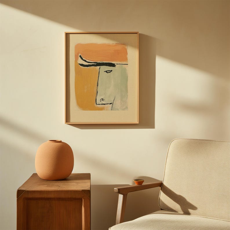 Op de afbeelding: Een abstracte kunstprint in een houten lijst toont een gestileerde stierenkop met oranje, gele en groene tinten. Een ronde vaas in terracotta-kleur staat op een houten bijzettafel. Een kleine, oranje kom rust op de arm van een cr&egrave;mekleurige stoel.