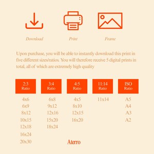 May include: A digital art print product image with icons for download, print, and frame. The image displays various size ratios, including 2:3, 3:4, 4:5, 11:14, and ISO, with corresponding dimensions in inches. The text "Aterro" is at the bottom.