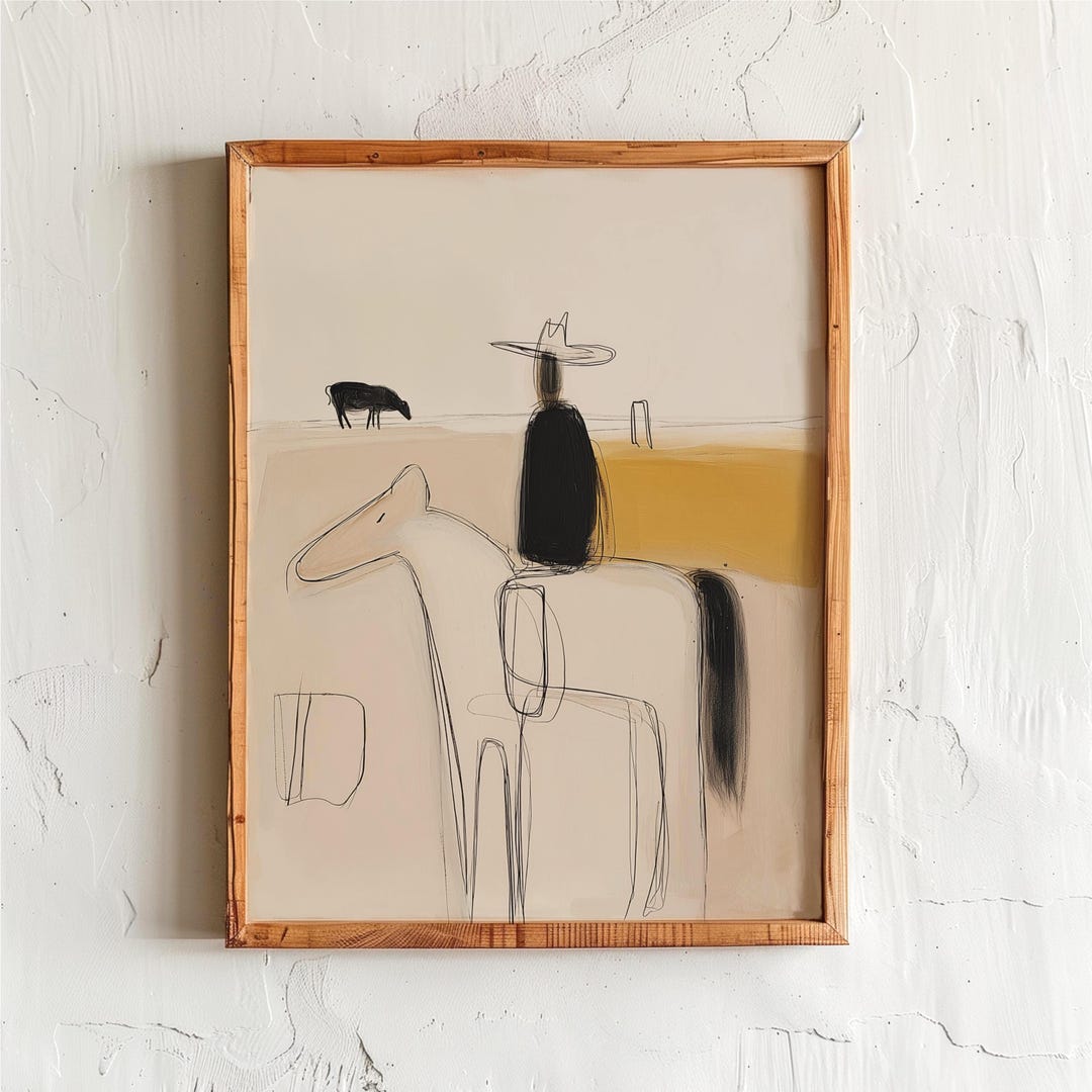 Cowboy Horse Ranch Wall Art – Minimalist Western Desert Print – Neutral ...