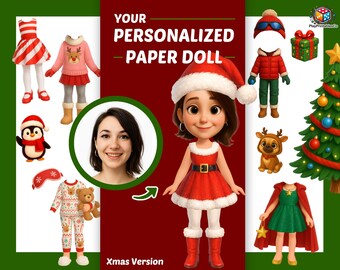 Gepersonaliseerde kerstpapierpop – gepersonaliseerde feestelijke outfits (digitale download)