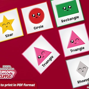 May include: A set of printable memory game cards featuring different geometric shapes with cute faces. The shapes include a star, circle, rectangle, triangle, and rhombus. The cards are ready to print in PDF format.