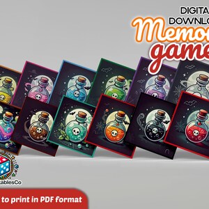 May include: A set of 12 printable Halloween memory game cards featuring colorful potion bottles with skulls and other spooky details. The cards are ready to print in PDF format.  Digital Download Memory Game.