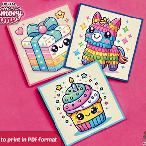 Juego de memoria imprimible para fiestas de cumpleaños - Tarjetas de emparejamiento kawaii para niños - Descarga digital en PDF