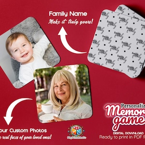May include: A personalised memory game with custom photos. The game features square tiles with family photos and a design that includes the family name. The text "Family Name, Make it truly yours!" and "Your Custom Photos, Use real faces of your loved ones!" are also visible.