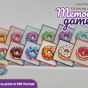 Donut Memory Game Afdrukbaar – Matching Game voor kinderen – Digitale download pdf – Donut Thema Peuteractiviteit – Leuke educatieve flitskaarten