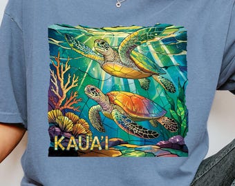 Hawaiian Sea Turtle T-Shirt: Kaua'i Stained Glass Ocean Art Tee, Comfort Colors