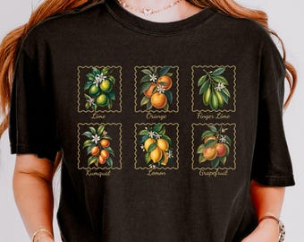 Camiseta vintage con sello de cítricos: camiseta de frutas botánicas, regalo de jardín cottagecore, colores reconfortantes