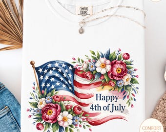 Floral American Flag Comfort Colors Tee: Vintage 4th of July Shirt