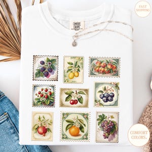 Vintage Fruit Stamps T-Shirt: Botanical Watercolor Garden Tee, Comfort Colors