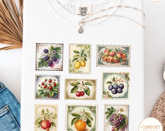 Vintage Fruit Stamps T-Shirt: Botanical Watercolor Garden Tee, Comfort Colors