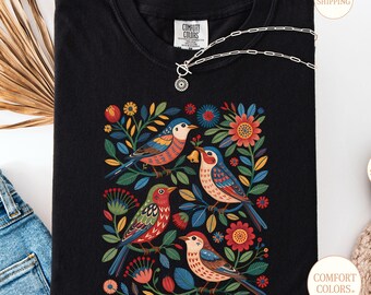 Folk Art Birds Comfort Colors Shirt: Whimsical Floral Garden Tee