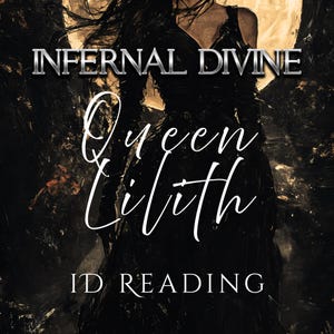 May include: Dark, artistic image with the text "Infernal Divine" at the top. Below, in elegant script, it reads "Queen Lilith." The words "ID READING" are at the bottom. The background is a blend of dark tones and abstract shapes.