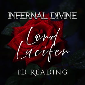 Puede incluir: Imagen digital con una rosa roja vibrante sobre un fondo oscuro. El texto « INFERNAL DIVINE » está en la parte superior, « Lord Lucifer » en escritura cursiva sobre la rosa, y « ID READING » en la parte inferior.