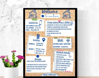 Letrero de bienvenida de Airbnb imprimible + plantilla de Canva; hoja de información para huéspedes de 8,5 x 11; guía para anfitriones de alquileres vacacionales; descarga PDF editable y acogedor.