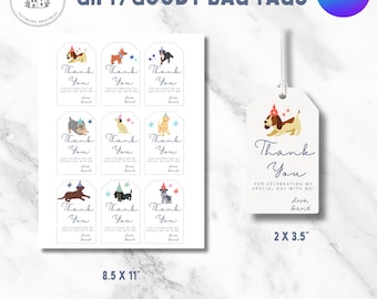 Bedankkaartjes verjaardagsfeestje hond; Afdrukbare PAW-ty bedankkaartjes; Goodybaglabels; Bewerkbare Canva-sjabloon; Verjaardag PAW-ty bedanklabels