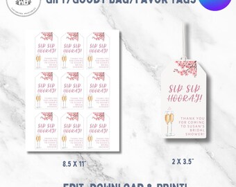 May include: White gift tags with pink floral accents and the text "SIP SIP HOORAY!" and "THANK YOU FOR COMING TO SUSAN'S BRIDAL SHOWER!". The tags are 2 x 3.5 inches and are designed for a bridal shower.