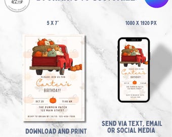 May include: A fall-themed birthday invitation featuring a red truck filled with pumpkins. The invitation is available in two formats: a 5x7 inch print and a 1080x1920 px digital version. Text includes "Carter's Birthday!" and event details.