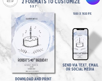 40th Birthday Invitation Template, Minimalist Milestone Birthday Invite, Editable Printable Canva Design, Watercolor Invitation