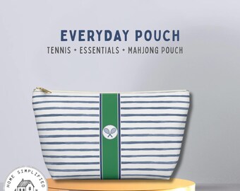 Tennis Cosmetic Bag, Mahjong Tile Pouch Large, Blue Striped Makeup Bag, Tennis Pouch, Travel Zipper Bag, Court Essentials Bag