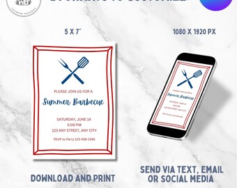 Editable Summer BBQ Invitation; Printable Barbecue Party Invite; 5 x 7 & 1080 x 1920 Templates; Instant Download Summer Party