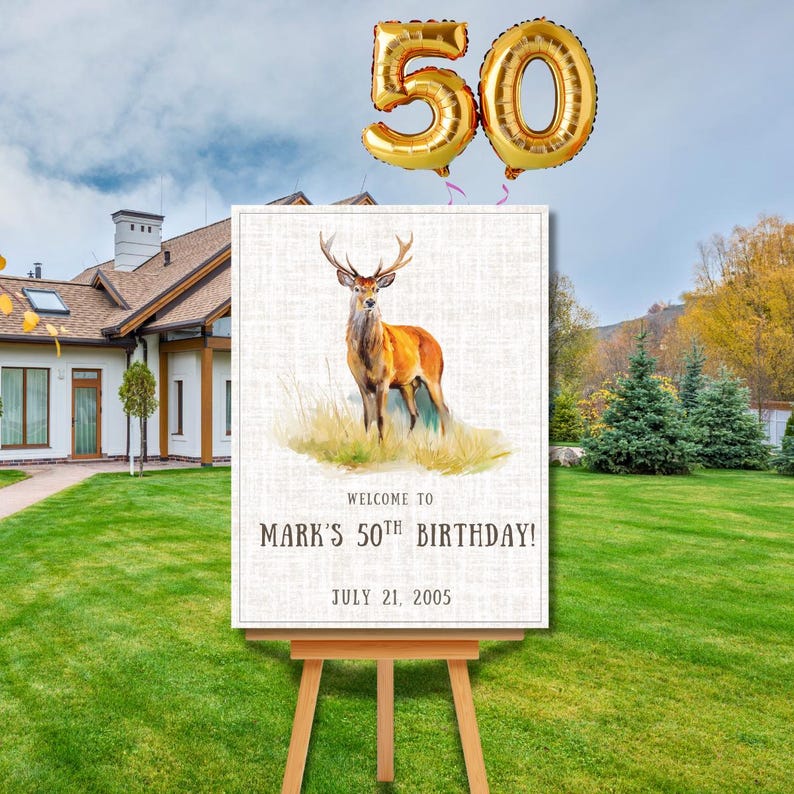 50th Birthday Welcome Sign Stag; Rustic Watercolor Deer Party Sign ...