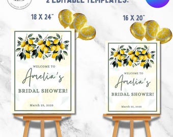 Peut inclure: Deux panneaux de bienvenue pour une fête prénuptiale, 46 x 61 cm et 41 x 51 cm, sur le thème du citron. Chaque panneau affiche le texte "Welcome to Amelia's Bridal Shower!" et la date du 25 mars 2025. Les panneaux sont sur des chevalets en bois.