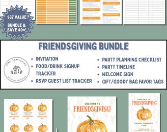Editable Friendsgiving Party Bundle; 7 Printable Templates; Watercolor Pumpkin Invite, Signs, Favor Tags, Timelines, Checklists & More!