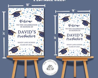 Pode incluir: Dois cartazes de formatura, 46 x 61 cm e 41 x 51 cm, exibidos em cavaletes de madeira. Os cartazes apresentam bonés de formatura azul marinho e confetes, com o texto "Bem-vindo à celebração em homenagem à formatura de David, Shady Lane School, Turma de 2025."