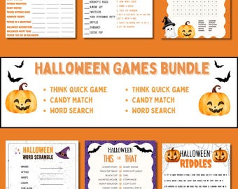 Halloween Party Game Bundle; 6 Printable Games for Kids & Adults; Candy Match, Word Search, Riddles and More; Editable Canva Template