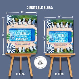 Welkomstbord voor poolparty; Bewerkbare canvassjabloon; Afdrukbaar decor voor zomerzwembad of verjaardagsfeestje; Maten 16 x 20 en 18 x 24