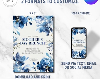 Mother’s Day Brunch Invitation Template, Blue Floral Brunch Invite, Editable 5x7 Printable, Elegant Watercolor Canva Invitation