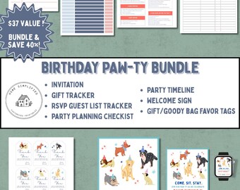 May include: A collection of printable party supplies with a dog theme. Includes a party timeline, gift tracker, welcome sign, favor tags, and invitation. The text reads "Birthday Paw-ty Bundle" and "Welcome Paw-ty Animals!"