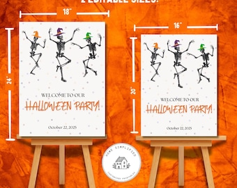 Dancing Skeletons Halloween Party Welcome Sign Template; Editable 16x20 & 18x24; Canva Halloween Sign Printable; Skeleton Party Decor