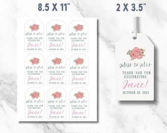 Puede incluir: Etiquetas de regalo blancas con diseño floral y el texto "Miss to Mrs. Thank you for celebrating Jane! October 20, 2025." Las etiquetas miden 5,08 x 8,89 cm y 21,59 x 27,94 cm. La imagen también incluye el texto "Edit, Download & Print!"