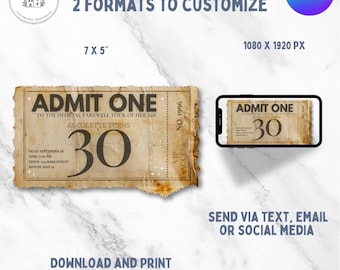 30th Birthday Invitation Template, Vintage Ticket Invite, Farewell Tour of Her 20s, 7x5 Printable & Digital Canva